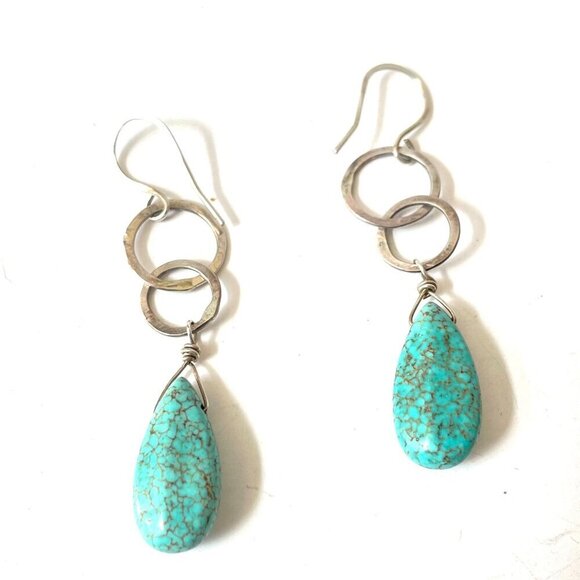 925 Sterling Silver Turquoise Dangle Drop Earrings Earthy Natural Boho Preppy - Picture 2 of 5